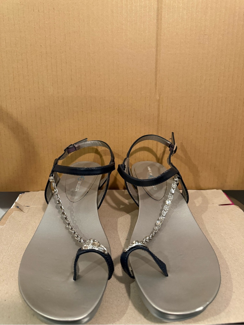 Andrew Geller Women Silver wedge Sandals Sz11 Crystal T-Strap Black
